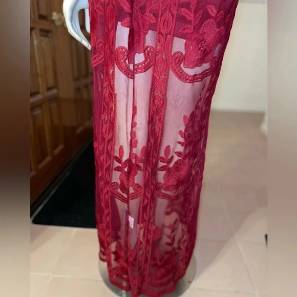 Maroon Deep V-Neck 1/2 Sleeves Sheath Lace Midi Dresses w side slits size small - Picture 9 of 16